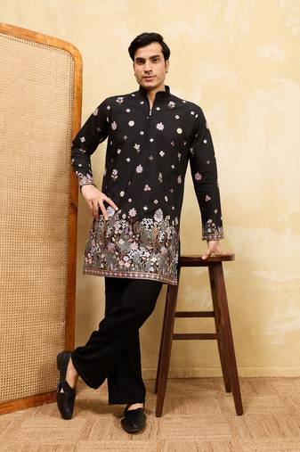 BLACK VISCOSE SILK THREAD & SEQUINS EMBROIDERED WORK WEDDING FESTIVAL MARRIAGE PARTY WEAR STRAIGHT MENS KURTA