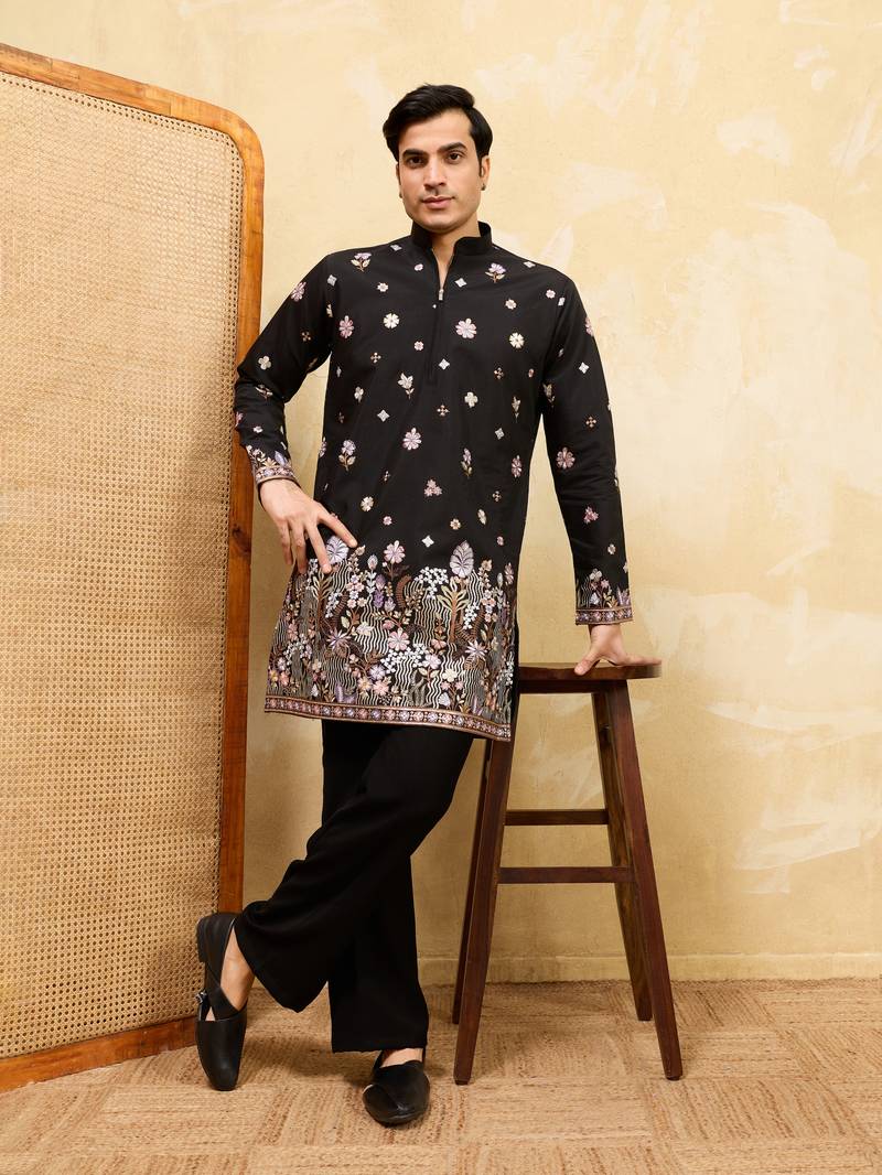 BLACK VISCOSE SILK THREAD & SEQUINS EMBROIDERED WORK WEDDING FESTIVAL MARRIAGE PARTY WEAR STRAIGHT MENS KURTA