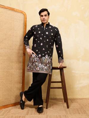 BLACK VISCOSE SILK THREAD & SEQUINS EMBROIDERED WORK WEDDING FESTIVAL MARRIAGE PARTY WEAR STRAIGHT MENS KURTA 1