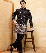 BLACK VISCOSE SILK THREAD & SEQUINS EMBROIDERED WORK WEDDING FESTIVAL MARRIAGE PARTY WEAR STRAIGHT MENS KURTA