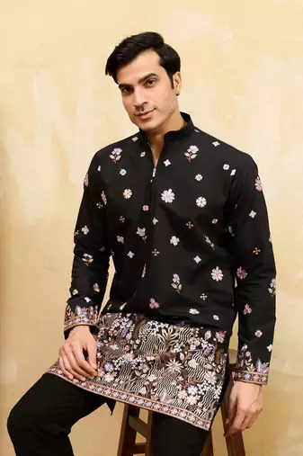 BLACK VISCOSE SILK THREAD & SEQUINS EMBROIDERED WORK WEDDING FESTIVAL MARRIAGE PARTY WEAR STRAIGHT MENS KURTA