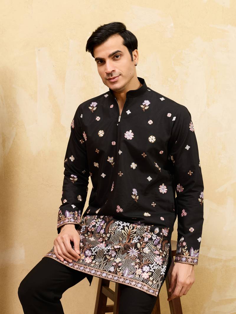 BLACK VISCOSE SILK THREAD & SEQUINS EMBROIDERED WORK WEDDING FESTIVAL MARRIAGE PARTY WEAR STRAIGHT MENS KURTA