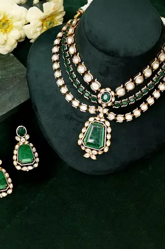 Gold plated kundan green stones necklace set