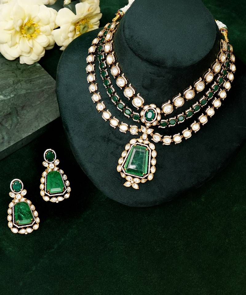 Gold plated kundan green stones necklace set