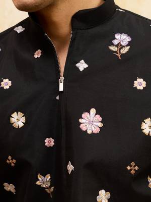 BLACK VISCOSE SILK THREAD & SEQUINS EMBROIDERED WORK WEDDING FESTIVAL MARRIAGE PARTY WEAR STRAIGHT MENS KURTA 3
