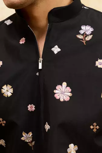 BLACK VISCOSE SILK THREAD & SEQUINS EMBROIDERED WORK WEDDING FESTIVAL MARRIAGE PARTY WEAR STRAIGHT MENS KURTA