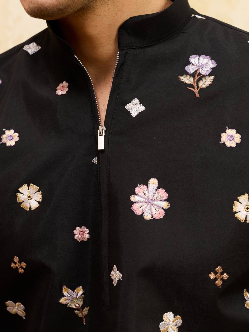 BLACK VISCOSE SILK THREAD & SEQUINS EMBROIDERED WORK WEDDING FESTIVAL MARRIAGE PARTY WEAR STRAIGHT MENS KURTA