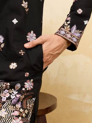 BLACK VISCOSE SILK THREAD & SEQUINS EMBROIDERED WORK WEDDING FESTIVAL MARRIAGE PARTY WEAR STRAIGHT MENS KURTA 4