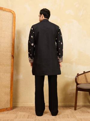 BLACK VISCOSE SILK THREAD & SEQUINS EMBROIDERED WORK WEDDING FESTIVAL MARRIAGE PARTY WEAR STRAIGHT MENS KURTA 5