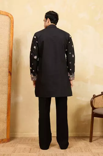 BLACK VISCOSE SILK THREAD & SEQUINS EMBROIDERED WORK WEDDING FESTIVAL MARRIAGE PARTY WEAR STRAIGHT MENS KURTA