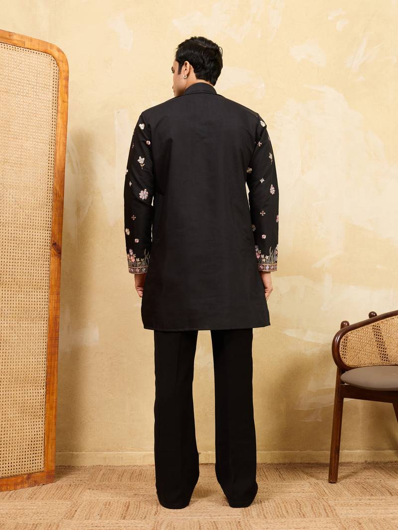 BLACK VISCOSE SILK THREAD & SEQUINS EMBROIDERED WORK WEDDING FESTIVAL MARRIAGE PARTY WEAR STRAIGHT MENS KURTA