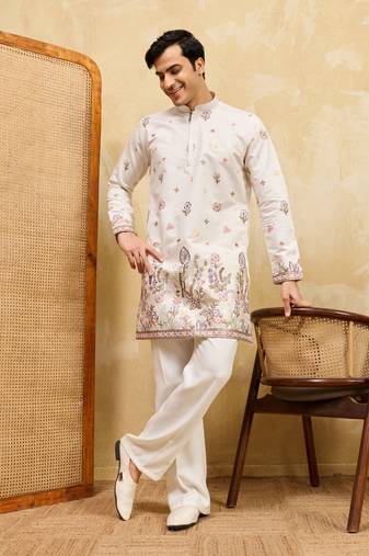 WHITE VISCOSE SILK THREAD & SEQUINS EMBROIDERED WORK WEDDING FESTIVAL MARRIAGE PARTY WEAR STRAIGHT MENS KURTA
