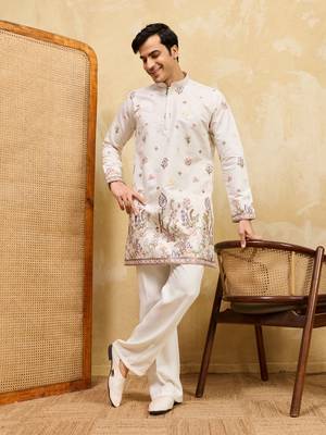 WHITE VISCOSE SILK THREAD & SEQUINS EMBROIDERED WORK WEDDING FESTIVAL MARRIAGE PARTY WEAR STRAIGHT MENS KURTA 1