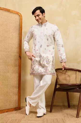 White viscose silk thread & sequins embroidered work wedding festival marriage party wear straight mens kurta