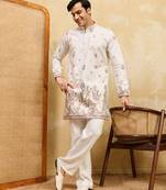 WHITE VISCOSE SILK THREAD & SEQUINS EMBROIDERED WORK WEDDING FESTIVAL MARRIAGE PARTY WEAR STRAIGHT MENS KURTA