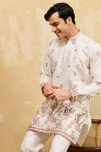 WHITE VISCOSE SILK THREAD & SEQUINS EMBROIDERED WORK WEDDING FESTIVAL MARRIAGE PARTY WEAR STRAIGHT MENS KURTA