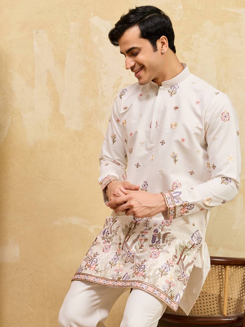 WHITE VISCOSE SILK THREAD & SEQUINS EMBROIDERED WORK WEDDING FESTIVAL MARRIAGE PARTY WEAR STRAIGHT MENS KURTA