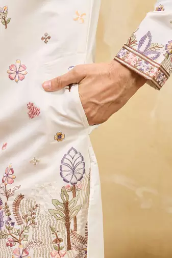 WHITE VISCOSE SILK THREAD & SEQUINS EMBROIDERED WORK WEDDING FESTIVAL MARRIAGE PARTY WEAR STRAIGHT MENS KURTA