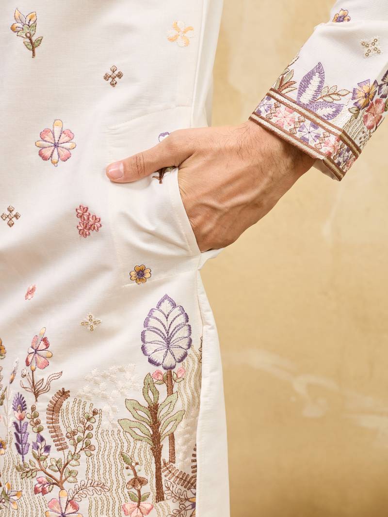 WHITE VISCOSE SILK THREAD & SEQUINS EMBROIDERED WORK WEDDING FESTIVAL MARRIAGE PARTY WEAR STRAIGHT MENS KURTA