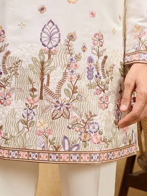 WHITE VISCOSE SILK THREAD & SEQUINS EMBROIDERED WORK WEDDING FESTIVAL MARRIAGE PARTY WEAR STRAIGHT MENS KURTA 4