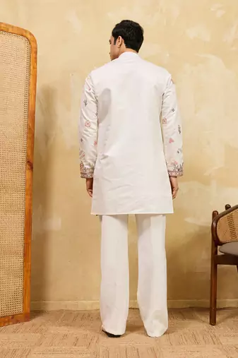 WHITE VISCOSE SILK THREAD & SEQUINS EMBROIDERED WORK WEDDING FESTIVAL MARRIAGE PARTY WEAR STRAIGHT MENS KURTA