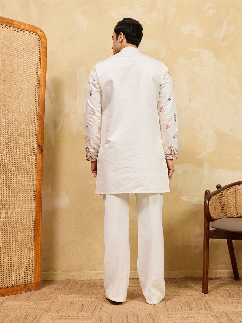 WHITE VISCOSE SILK THREAD & SEQUINS EMBROIDERED WORK WEDDING FESTIVAL MARRIAGE PARTY WEAR STRAIGHT MENS KURTA