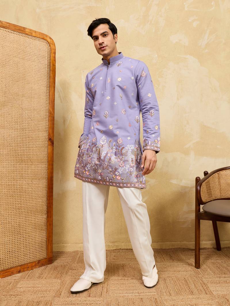LAVENDER VISCOSE SILK THREAD & SEQUINS EMBROIDERED WORK WEDDING FESTIVAL MARRIAGE PARTY WEAR STRAIGHT MENS KURTA