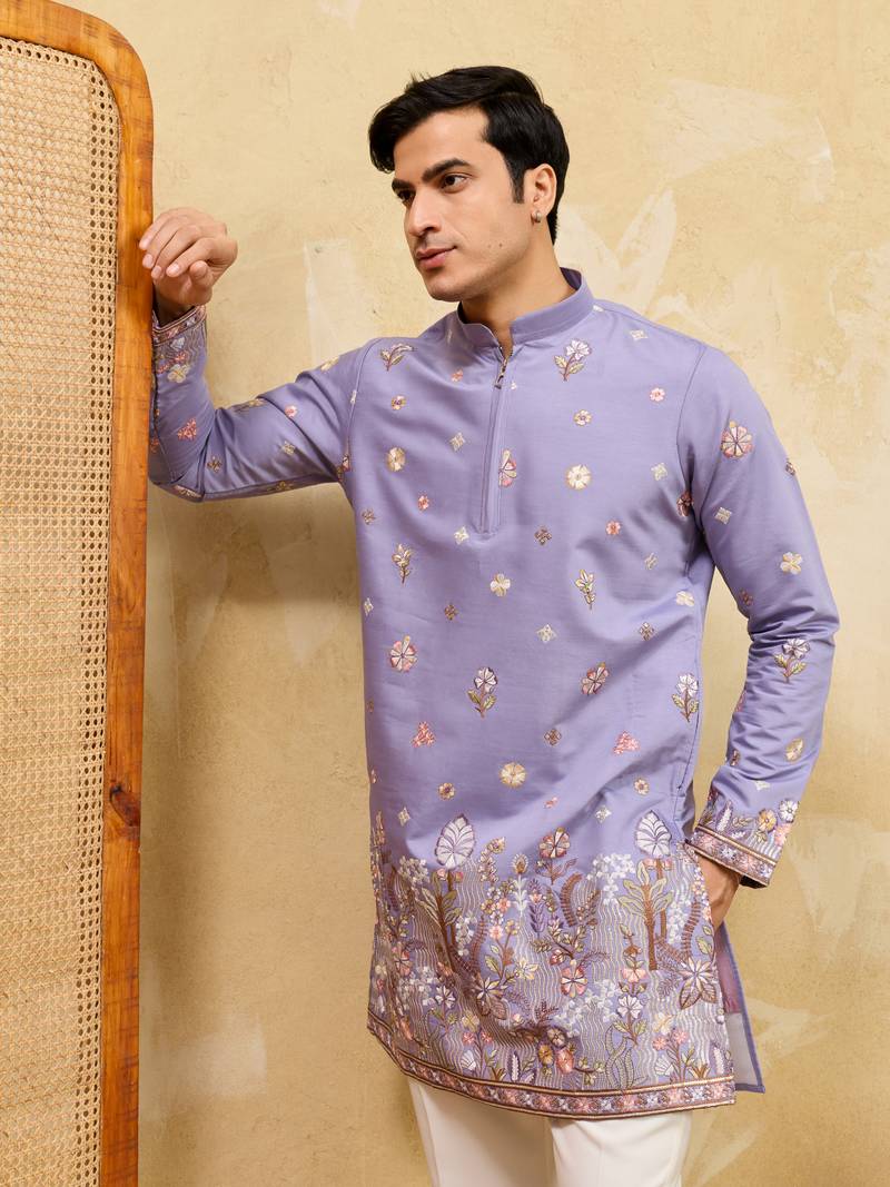 LAVENDER VISCOSE SILK THREAD & SEQUINS EMBROIDERED WORK WEDDING FESTIVAL MARRIAGE PARTY WEAR STRAIGHT MENS KURTA