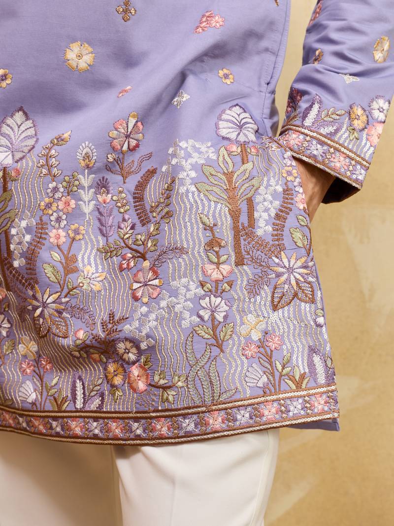 LAVENDER VISCOSE SILK THREAD & SEQUINS EMBROIDERED WORK WEDDING FESTIVAL MARRIAGE PARTY WEAR STRAIGHT MENS KURTA