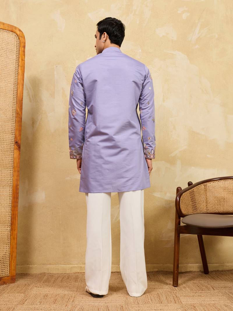 LAVENDER VISCOSE SILK THREAD & SEQUINS EMBROIDERED WORK WEDDING FESTIVAL MARRIAGE PARTY WEAR STRAIGHT MENS KURTA