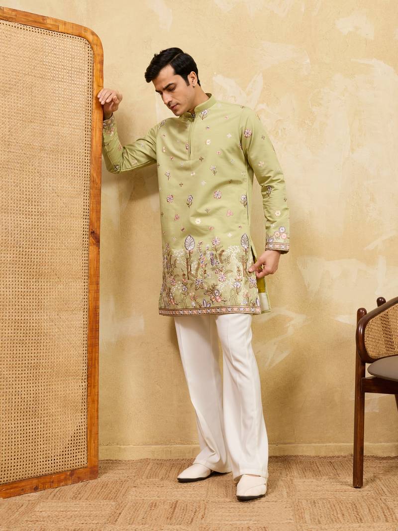 PISTA GREEN VISCOSE SILK THREAD & SEQUINS EMBROIDERED WORK WEDDING FESTIVAL MARRIAGE PARTY WEAR STRAIGHT MENS KURTA
