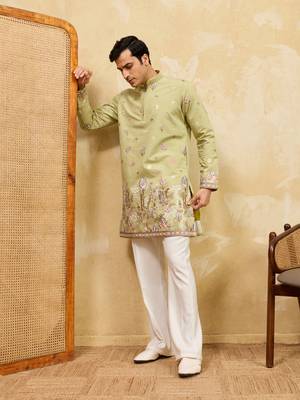 PISTA GREEN VISCOSE SILK THREAD & SEQUINS EMBROIDERED WORK WEDDING FESTIVAL MARRIAGE PARTY WEAR STRAIGHT MENS KURTA 1