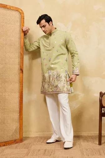 Pista green viscose silk thread & sequins embroidered work wedding festival marriage party wear straight mens kurta