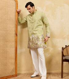 PISTA GREEN VISCOSE SILK THREAD & SEQUINS EMBROIDERED WORK WEDDING FESTIVAL MARRIAGE PARTY WEAR STRAIGHT MENS KURTA