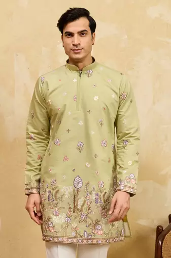 PISTA GREEN VISCOSE SILK THREAD & SEQUINS EMBROIDERED WORK WEDDING FESTIVAL MARRIAGE PARTY WEAR STRAIGHT MENS KURTA