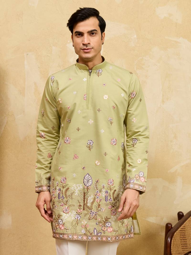 PISTA GREEN VISCOSE SILK THREAD & SEQUINS EMBROIDERED WORK WEDDING FESTIVAL MARRIAGE PARTY WEAR STRAIGHT MENS KURTA