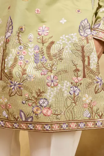 PISTA GREEN VISCOSE SILK THREAD & SEQUINS EMBROIDERED WORK WEDDING FESTIVAL MARRIAGE PARTY WEAR STRAIGHT MENS KURTA