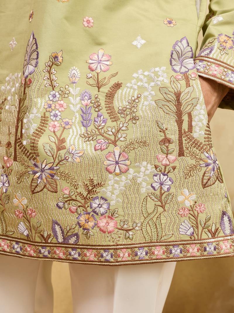 PISTA GREEN VISCOSE SILK THREAD & SEQUINS EMBROIDERED WORK WEDDING FESTIVAL MARRIAGE PARTY WEAR STRAIGHT MENS KURTA
