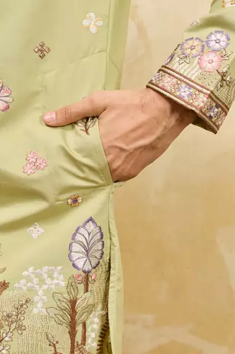 PISTA GREEN VISCOSE SILK THREAD & SEQUINS EMBROIDERED WORK WEDDING FESTIVAL MARRIAGE PARTY WEAR STRAIGHT MENS KURTA