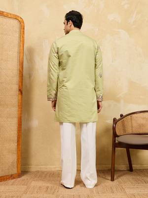 PISTA GREEN VISCOSE SILK THREAD & SEQUINS EMBROIDERED WORK WEDDING FESTIVAL MARRIAGE PARTY WEAR STRAIGHT MENS KURTA 5