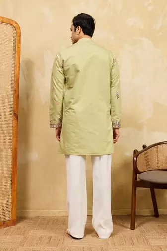 PISTA GREEN VISCOSE SILK THREAD & SEQUINS EMBROIDERED WORK WEDDING FESTIVAL MARRIAGE PARTY WEAR STRAIGHT MENS KURTA
