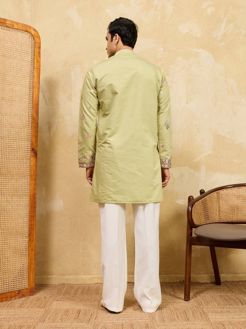 PISTA GREEN VISCOSE SILK THREAD & SEQUINS EMBROIDERED WORK WEDDING FESTIVAL MARRIAGE PARTY WEAR STRAIGHT MENS KURTA