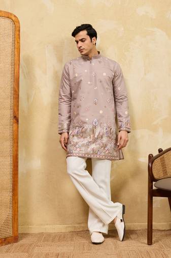 BEIGE VISCOSE SILK THREAD & SEQUINS EMBROIDERED WORK WEDDING FESTIVAL MARRIAGE PARTY WEAR STRAIGHT MENS KURTA