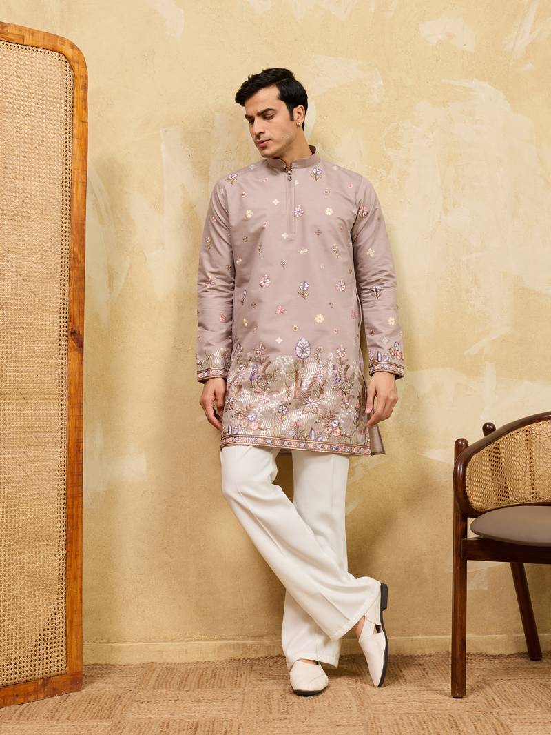 BEIGE VISCOSE SILK THREAD & SEQUINS EMBROIDERED WORK WEDDING FESTIVAL MARRIAGE PARTY WEAR STRAIGHT MENS KURTA