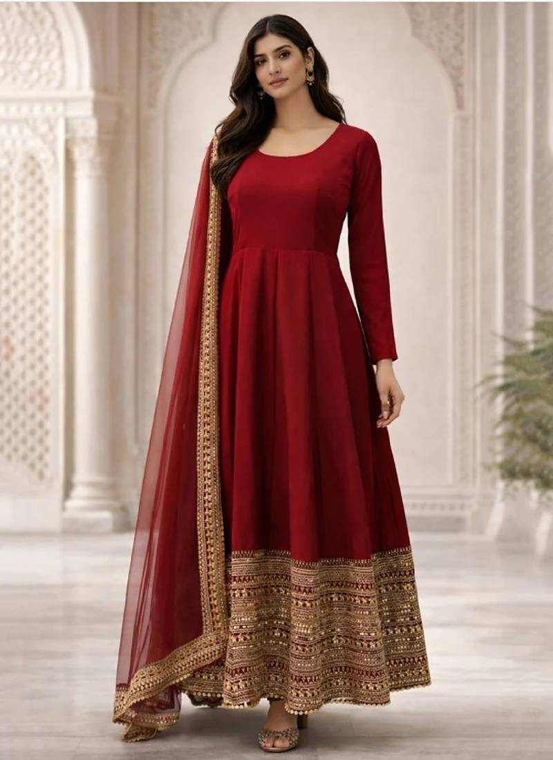 Maroon rayon  party wear embroidery  suit set