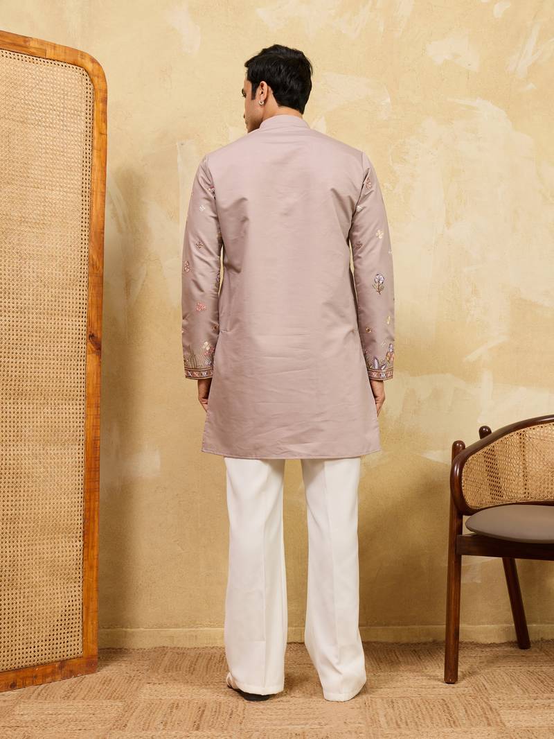 BEIGE VISCOSE SILK THREAD & SEQUINS EMBROIDERED WORK WEDDING FESTIVAL MARRIAGE PARTY WEAR STRAIGHT MENS KURTA