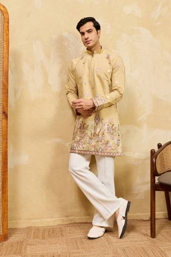 YELLOW VISCOSE SILK THREAD & SEQUINS EMBROIDERED WORK WEDDING FESTIVAL MARRIAGE PARTY WEAR STRAIGHT MENS KURTA