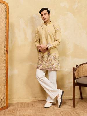YELLOW VISCOSE SILK THREAD & SEQUINS EMBROIDERED WORK WEDDING FESTIVAL MARRIAGE PARTY WEAR STRAIGHT MENS KURTA 1