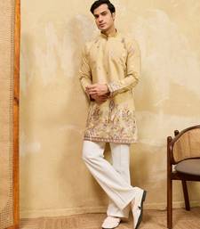 YELLOW VISCOSE SILK THREAD & SEQUINS EMBROIDERED WORK WEDDING FESTIVAL MARRIAGE PARTY WEAR STRAIGHT MENS KURTA