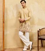 YELLOW VISCOSE SILK THREAD & SEQUINS EMBROIDERED WORK WEDDING FESTIVAL MARRIAGE PARTY WEAR STRAIGHT MENS KURTA